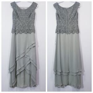 Cameron Blake by Mon Cheri Women size 6P Green Lace Tiered Long Formal Dress